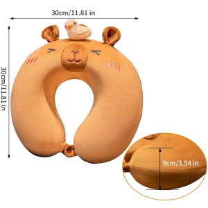 Perna de Calatorie in Forma de U, Pentru Gat si Cap, Umplutura din Spuma cu Memorie, 30x30 cm, Model Capybara, Accesoriu de Voiaj, Birou, Masina, Sistem Prindere Capse, Maro - Img 4