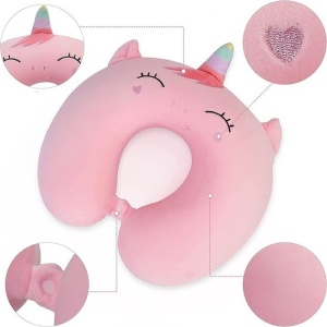 Perna de Calatorie in Forma de U, Pentru Gat si Cap, Umplutura din Spuma cu Memorie, 30x30 cm, Model Unicorn, Accesoriu de Voiaj, Birou, Masina, Sistem Prindere Capse, Roz - Img 2