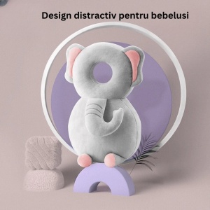 Perna tip Rucsac pentru Protectia Capului, Tetiera tip Elefant de Plus, pentru Bebelusi, Gri - Img 2