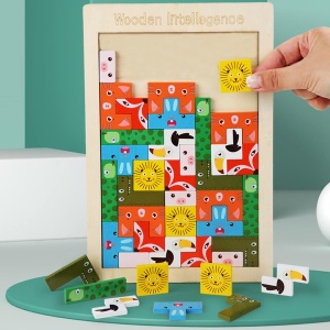 Puzzle din Lemn Tip Tetris, +4 Ani, cu Animale Colorate 3D, 40 Piese, Multicolor - Img 3