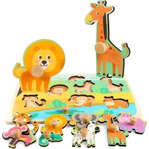 Puzzle Montessori din Lemn pentru Copii, 0-3 Ani, Model Animale din Jungla, Educativ, Intuitiv, Creativ, 9 Piese, 30x22.5x0.8 cm, Multicolor - Img 4