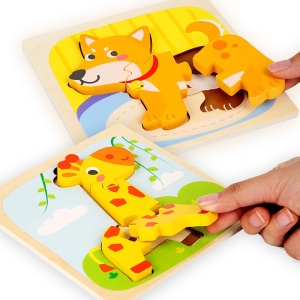 Puzzle Montessori din Lemn pentru Copii, 3D, 0-3 Ani, Model Catel, Educativ, Intuitiv, Creativ, 3 Piese, 15x15x0.5 cm, Multicolor - Img 3