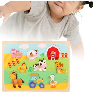 Puzzle Montessori din Lemn pentru Copii, 3D, 0-3 Ani, Model Ferma, Educativ, Intuitiv, Creativ, 9 Piese, 30x22.5x0.8 cm, Multicolor - Img 6