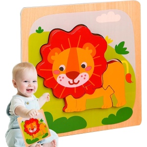 Puzzle Montessori din Lemn pentru Copii, 3D, 0-3 Ani, Model Leu, Educativ, Intuitiv, Creativ, 3 Piese, 15x15x0.5 cm, Multicolor - Img 4