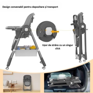 Scaun de Masa pentru Bebelusi si Copii, 2 Tavite si Husa Detasabile, Multifunctional, Stabil, Centura de Siguranta, Inaltime Ajustabila, Spatar Reglabil Moale, Cos de Depozitare, 100x50x80cm, de la 6 Luni, Gri - Img 4