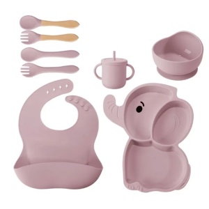 Set 10 Piese Servire Masa. pentru Bebelusi si Copii, din Silicon/Lemn, cu Ventuze Anti-alunecare, fara Alergeni. +6 Luni, Model Elefant, Mov - Img 3