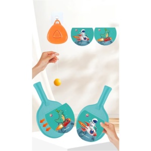 Set 2 Palete de Tenis de Masa, pentru Copii, Design Animat, Tematica Astronauti, Accesoriu de Agatat Inclus si 2 Mingi, Albastru - Img 4