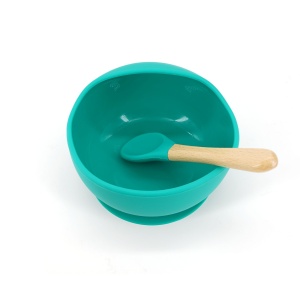 Set 2 piese diversificare bebelusi si copii din silicon bol cu ventuza, lingurita din lemn si silicon, pentru gustari, fara alergeni, verde - Img 2