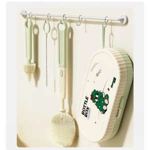 Set 7 Piese de Spalat/Uscat Biberoane, Portabil, Peri de Silicon, pentru Tetine, Suzete, Biberoane, Paie, Cutie Inclusa, 20 x 9.5 cm, Verde - Img 2