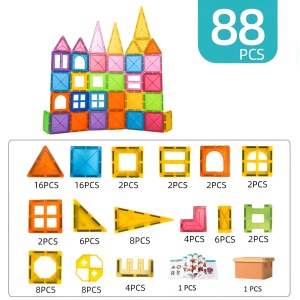Set 88 Piese Magnetice de Constructie, Piese 5.5 cm, Magnetic Tiles, Forme Geometrice, 3 Ani, ABS, Magnet, 27.5 x 21.5 x 17 cm, Multicolor - Img 5
