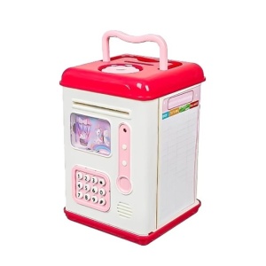 Set Pusculita pentru Copii, Tip ATM, Parola cu Amprenta, 13.5 x 11.5 x 20 cm, Roz - Img 4