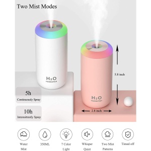 Umidificator, H2O, cu Difuzor de Aroma, Lumina de Noapte LED in 7 Culori, Zgomot Redus, 14.7x7.2cm, 350mL, Culoare Roz - Img 3