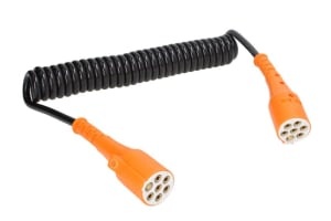 Cablu electric spiralat (poliuretan, lungime de lucru 3,5m, lungime maxima 4m, 1x1+6x0,75, cu dopuri feminine, 7 numar pini, dopuri acoperite; tipuri)