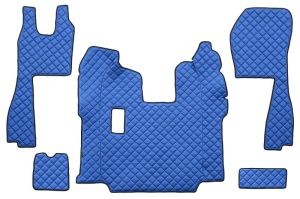 Set covor podea camion potrivit Scania ECO-LEATHER, set 5 buc (material - eco-piele, culoare - albastru, pentru transmisie manuala; scaune standard - nu RECARO)