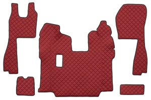 Set covor podea camion potrivit Scania ECO-LEATHER, set 5 buc (material - eco-piele, culoare - rosu, pentru transmisie manuala; scaune standard - nu RECARO)