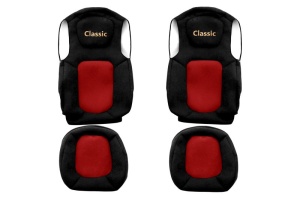 Huse scaun camion Classic (rosu, material velur, serie ELEGANCE, centura pasager asamblata in scaun; centura de siguranta a soferului asamblata in scaun) potrivit FORD F-MAX