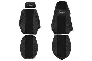 Huse scaun camion Elegance (negru, material eco-piele / velur, serie ELEGANCE, tetiera reglabila a pasagerului; tetiera soferului integrata) potrivit SCANIA