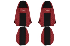 Huse scaun camion Elegance (rosu, material eco-piele / velur, serie ELEGANCE, Cabina STREAMLINE; fara microfon; tetiera integrata pentru pasageri; tetiera soferului integrata) potrivit SCANIA