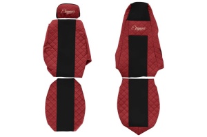 Huse scaun camion Elegance (rosu, material eco-piele / velur, serie ELEGANCE, tetiera reglabila a pasagerului; tetiera soferului integrata) potrivit SCANIA