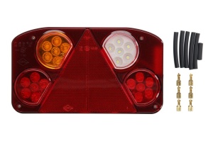 Stop spate Stanga (LED, 12/24V, cu indicator, lampa anti-ceata, lampa mers inapoi, cu lumini frana, lumini parcare/pozitie, reflector triunghiular, cu ochi de sarma)