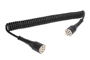 Cablu electric spiralat (poliuretan, lungime de lucru 4,5m, lungime maxima 5,2m, 1x1+6x0,75, cu dopuri feminine, 7 numar pini, dopuri acoperite; tipuri)