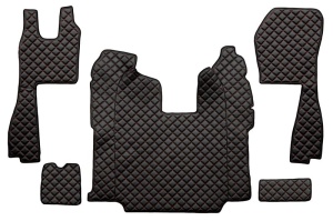 Set covor podea camion potrivit Scania ECO-LEATHER, set 5 buc (material - eco-piele, culoare - negru/rosu, scaune standard - nu RECARO; transmisie automata)