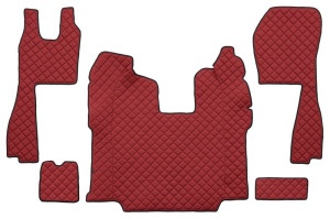 Set covor podea camion potrivit Scania ECO-LEATHER, set 5 buc (material - eco-piele, culoare - rosu, scaune standard - nu RECARO; transmisie automata)