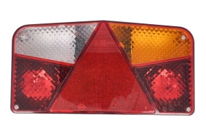 Stop spate Dreapta (12/24V, cu indicator, lampa anti-ceata, lampa mers inapoi, cu lumini frana, lumini parcare/pozitie, reflector triunghiular, fixare orizontala, cu ochi de sarma)