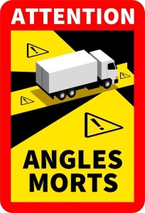 Autocolant avertizare ANGLES MORTS folie autoadeziva banner camioane 17cm x 25cm