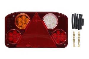Stop spate Stanga (LED, 12/24V, cu indicator, lampa anti-ceata, lampa mers inapoi, cu lumini frana, lumini parcare/pozitie, reflector triunghiular, cu ochi de sarma)