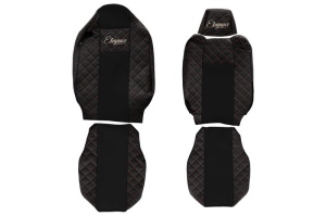 Husa scaun ELEGANCE Q potrivit RVI T dupa 2013 (negru/rosu, piele matlasată ECO / velours, integreaza tetiera pasagerului, tetiera reglabila a soferului)