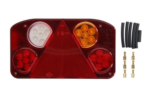Stop spate Dreapta (LED, 12/24V, cu indicator, lampa anti-ceata, lampa mers inapoi, cu lumini frana, lumini parcare/pozitie, reflector triunghiular, cu ochi de sarma)