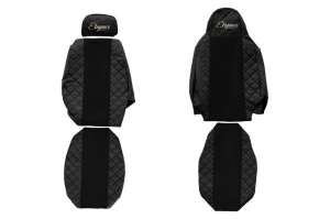 Husa scaun ELEGANCE Q potrivit SCANIA G (negru, piele matlasată ECO, scaun pliant al pasagerului, tetiera reglabila a pasagerului, tetiera soferului integrata, vezi referinta incrucisata!)