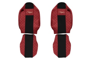 Huse scaun camion Elegance (rosu, material eco-piele / velur, serie ELEGANCE, tetiera integrata pentru pasageri; tetiera soferului integrata) potrivit RENAULT T