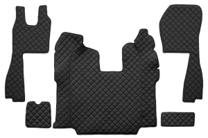 Set covor podea camion potrivit Scania ECO-LEATHER, set 5 buc (material - eco-piele, culoare - negru, scaune standard - nu RECARO; transmisie automata)