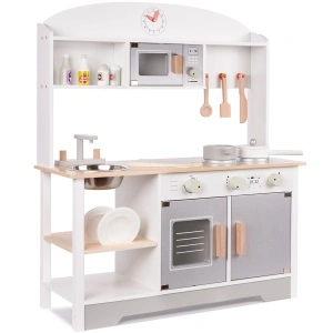 Bucatarie din lemn pentru copii cu accesorii, MDF si lemn, 68x25x82 cm, gri si alb