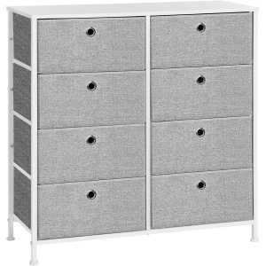 Comoda cu 8 sertare din material textil, cadru metalic si blat MDF, 80x30x81 cm, gri si alb