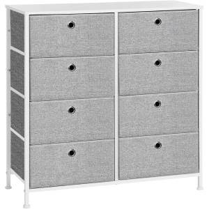 Comoda cu 8 sertare din material textil, cadru metalic si blat MDF, 80x30x81 cm, gri si alb
