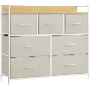 Comoda cu 7 sertare textile, cadru metalic si blat din PAL, design industrial, 98x29x85 cm, alb crem