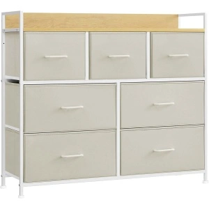Comoda cu 7 sertare textile, cadru metalic si blat din PAL, design industrial, 98x29x85 cm, alb crem