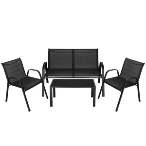 Set mobilier gradina 4 piese, masa cu sticla securizata, 2 scaune si canapea, cadru metalic, negru