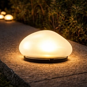 Lampa solara gradina tip piatra, 4 LED alb cald, senzor crepuscular, IP44, 14x13x9 cm, gri