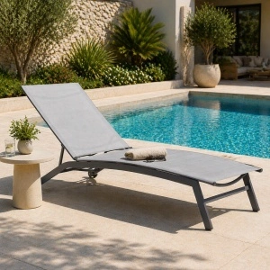 Sezlong pliabil reglabil pentru terasa si balcon, textilena si cadru otel, 195x63x90 cm, gri
