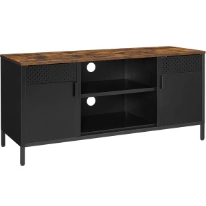 Comoda TV 120x40x55 cm, 3 rafturi reglabile, 2 usi, stil vintage, PAL si otel, maro-negru mat