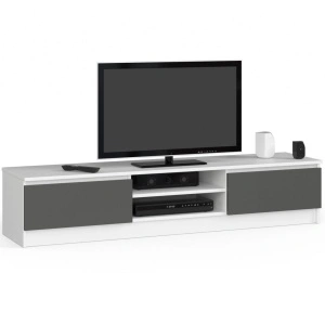 Comoda TV cu 2 usi si rafturi centrale, PAL laminat, 160x40x33 cm, alb si gri