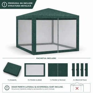 Set 4 pereti pentru pavilion gradina cu plasa tantari si acoperis, material PE 100 g/m2, 300x200 cm, verde
