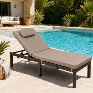 Sezlong gradina cu saltea groasa si tetiera, ratan PE si metal, maxim 150 kg, 195x65x40 cm, maro