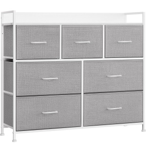 Comoda cu cadru metalic si 7 sertare din stofa, 29x98x85 cm , gri si alb