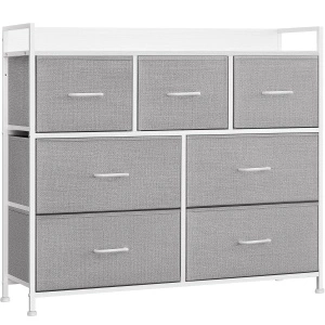 Comoda cu cadru metalic si 7 sertare din stofa, 29x98x85 cm , gri si alb