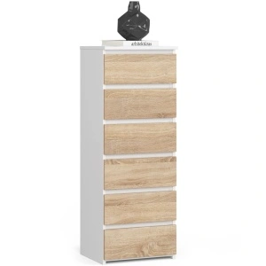 Comoda cu 6 sertare, PAL laminat 16 mm, 40x35x109 cm, alb si stejar sonoma